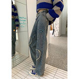 Cinessd Back To School Women's Jeans High Waist Splash Ink Design Fashion Streetwear Hip Hop Straight Pants Baggy Vintage Female Wide Leg Denim Trouser