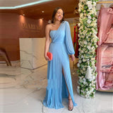 Prom Dresses  Cinessd Sunny Light Sky Blue Chiffon Evening Dress One Puffy Long Sleeves Slit Orange Simple Prom Dresses Plus Size Formal Gown
