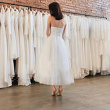 Cinessd Back to school Vestido De Noiva White Tulle Tea Length Wedding Gowns A-Line Cheap Illusion Wedding Dress Custom Made Beach Bridal Gowns