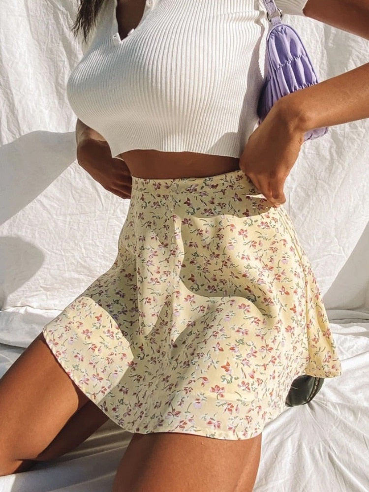 Cinessd Boho Floral Print Party Skirt Summer New High Waist Pleated Skirt Short Beach Sexy Frills Mini Skirts For Women 2022