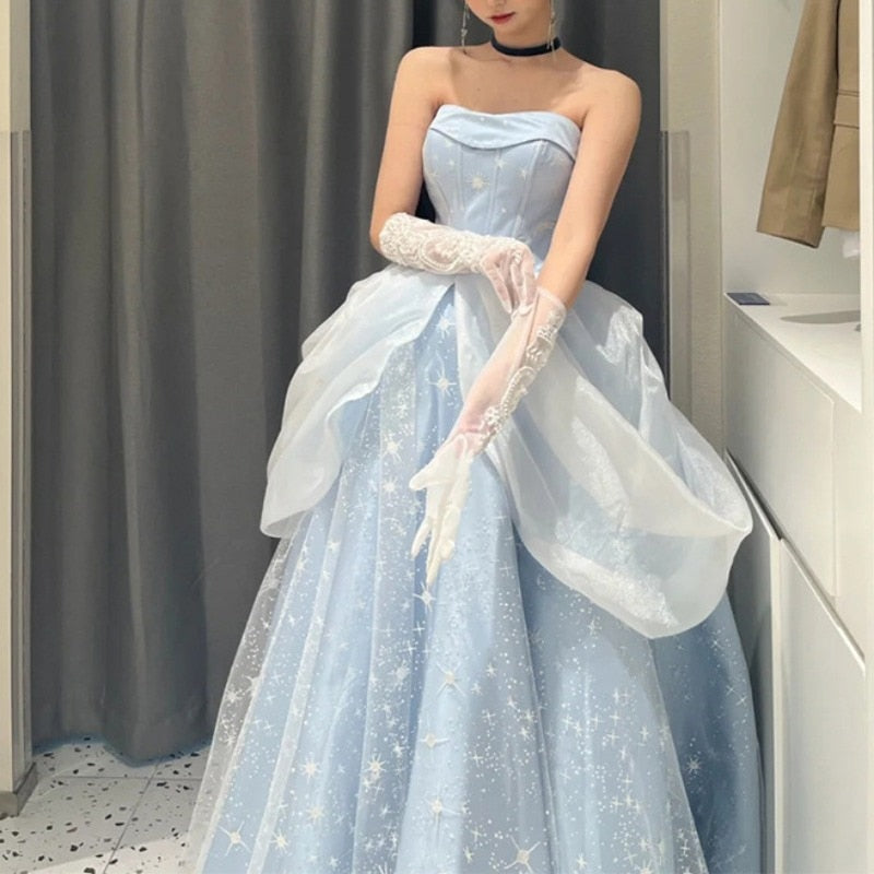 Cinessd  Temperament Blue Prom Dress Removable Shoulder Jacquard Dress France Vintage Sweet Princess Fairy Dress Evening Party Dress