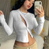 Cinessd Casual Grid Hollow Out Crop Top For Women Long Sleeve Sexy O Neck Pullover Slim Slant Button T Shirts Y2K 2022 Autumn