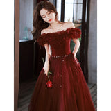 Cinessd  Off The Shoulder Prom Dress Classic Tulle Slim Lace Up Long Banquet Dresses Wine Red Cocktail Party Gowns Vestidos