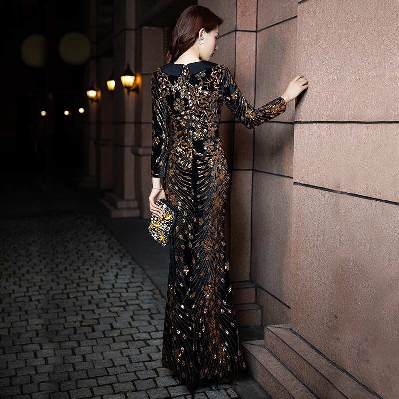 Cindssd  Black Sequin Velvet Mermaid Evening Dresses Elegant V-Neck Long Women Formal Gowns With Full Sleeves