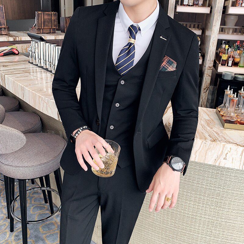 CINESSD    S-7XL ( Blazer + Vest + Pants ) Brand Men's Formal Business Suit Three-piece Set Groom Wedding Party Dress Solid Color Plaid