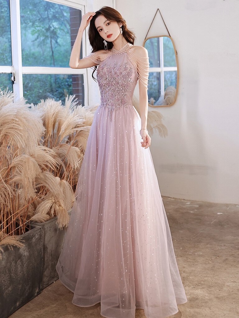 Cinessd   Elegant Pink Celebrity Dress Sequins Beading Halter With Tassel Sleeve A Line Exquisite Floor Length Prom Evening Gowns