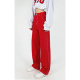 Cinessd  Plus Size Red High Waist Women's Jeans Wide Leg Baggy Chic Design Denim Pants Streetwear Vintage Summer Straight Jean Trouser