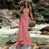 Cinessd  Pink Beading Crystal Tassel Satin Mermaid Evening Dresses Pleat Ruched Formal Party Dress Long Prom Gown Dubai Women 2022