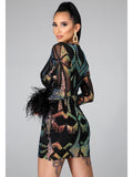 Cinessd Back to school outfit African Dresses Women Sexy Sequins Design Exquisite Long Sleeve Ostrich Feather Slim Evening Party Dress Vestidos