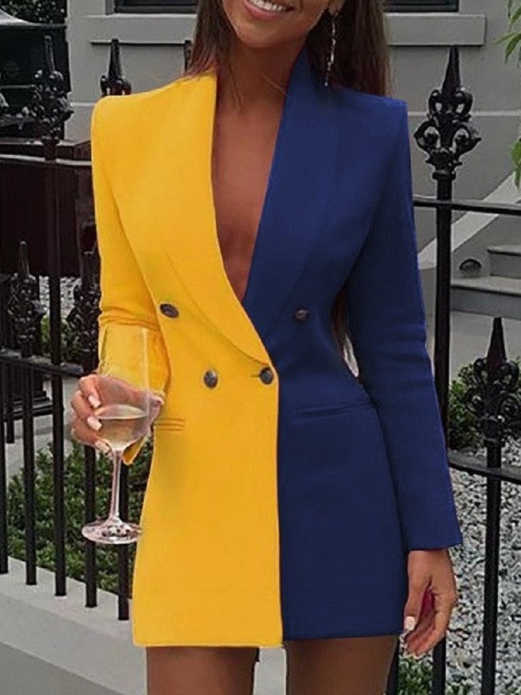 Cinessd  New Contrast Color Stitching  Professional Wear V-Neck Cardigan Suit Skirt Blazer Women Colorful Blazer Jacket For Women Coats