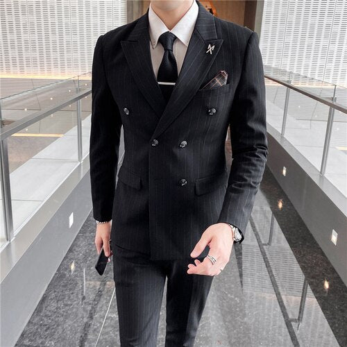 CINESSD     ( Blazer + Vest + Pants ) Fashion Striped Formal Business Double-breasted Men's Casual Suit Groom's Wedding Dress Party Tuxedo