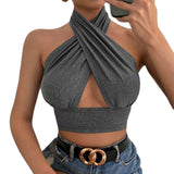 Cinessd Back to school outfit Women Summer Tank Tops Sexy Solid Color Cross Halter Neck Push Up Hollow Crop Tops 2022 New Fashion