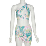 Cinessd Fashion Tie Dye Print Three Piece Set Women Sexy Inclined Shoulder Hollow Out Tank Tops+Underwear Beachwear Hipster Skirt