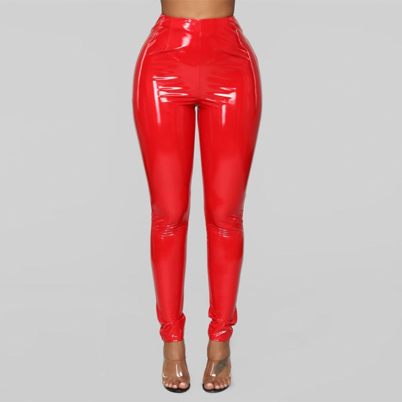 Women Bodycon Red Shiny Leather Pants Slims Sexy Back Zipper  PVC Stretchy Plus Size New Custom High Waist Summer Streetwear