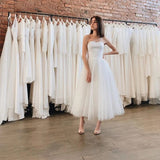 Cinessd Back to school Vestido De Noiva White Tulle Tea Length Wedding Gowns A-Line Cheap Illusion Wedding Dress Custom Made Beach Bridal Gowns
