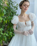 Cinessd  Sparkly Starry Tulle Long Prom Dresses Square Puff Sleeves A-Line Tiered Evening Gowns Wedding Party Dress 2022