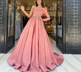 Cinessd  Beaded One Shoulder Long Sleeve Satin Pink Prom Dresses Pleated A-Line Sweep Train Robes De Soirée Evening Party Gowns