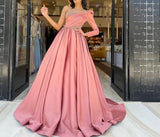 Cinessd  Beaded One Shoulder Long Sleeve Satin Pink Prom Dresses Pleated A-Line Sweep Train Robes De Soirée Evening Party Gowns