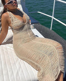 Cinessd  Summer Sexy Womens Dresses Tassel Hollow Out Transparent Beach 2022 Vestido Bodycon Halter Cut Out Backless Midi Dress