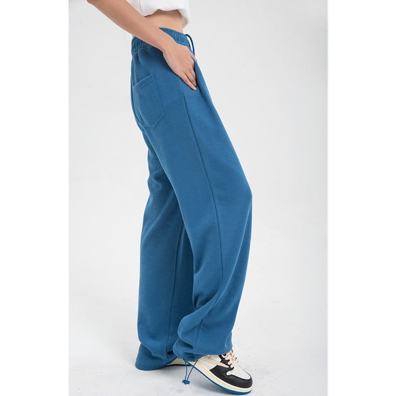 Cinessd  Woman's Sports Pants High Waist 2022 Summer Blue Wide Leg Trouser Straight Baggy Streetwear Chic Design Drawstring Casual Pants