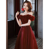 Cinessd  Off The Shoulder Prom Dress Classic Tulle Slim Lace Up Long Banquet Dresses Wine Red Cocktail Party Gowns Vestidos