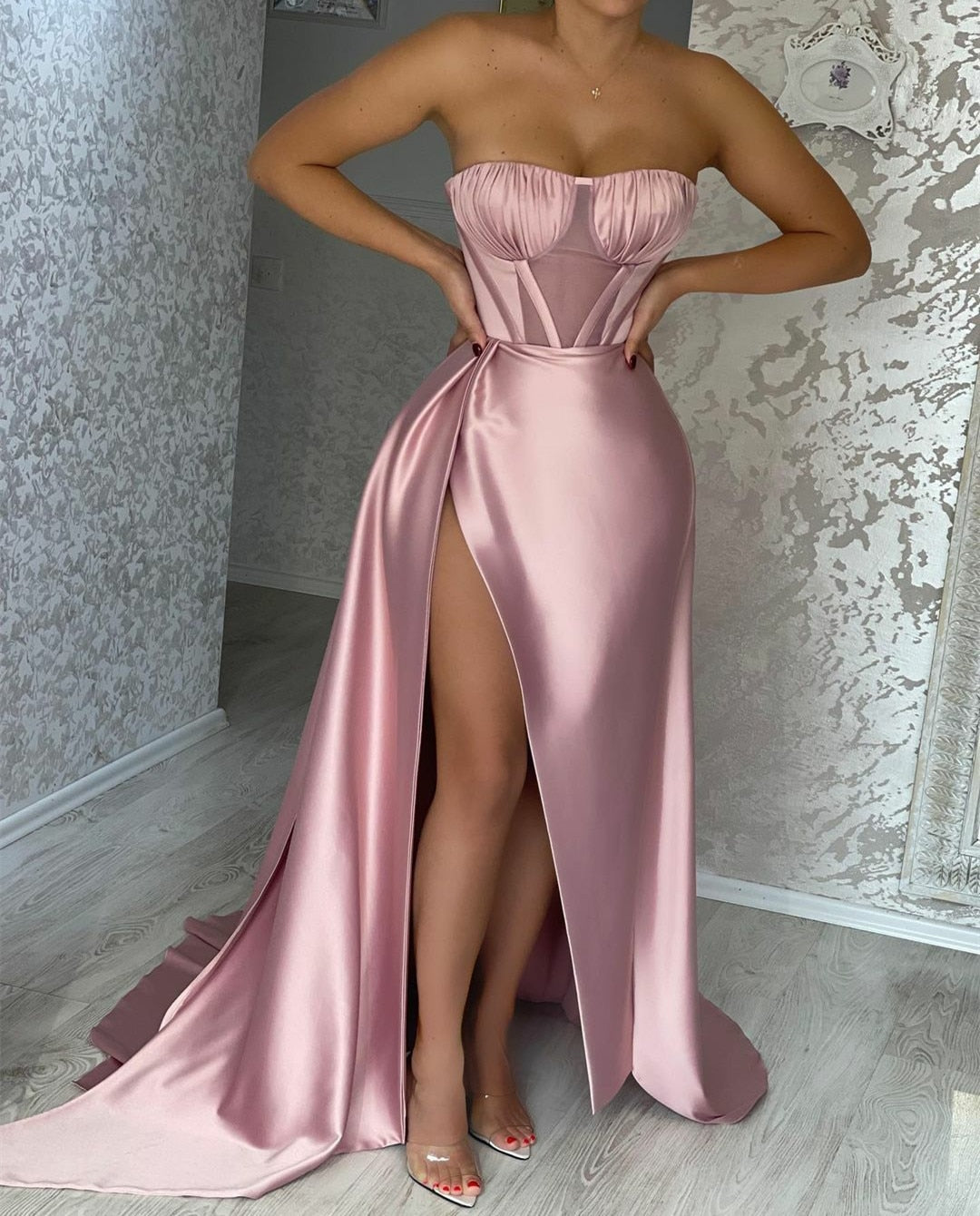 Cinessd  Long Strapless Pink Evening Dresses With Slit Satin Sleeveless Prom Dress Robes De Soirée Party Dresses Вечерние Платья