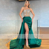 Cinessd Back to school outfit Beading Evening Dresses Luxury Green Satin Mermaid Sexy Sparkle Ball Gown Elegant Pleat Side Split High Quality Party Dress