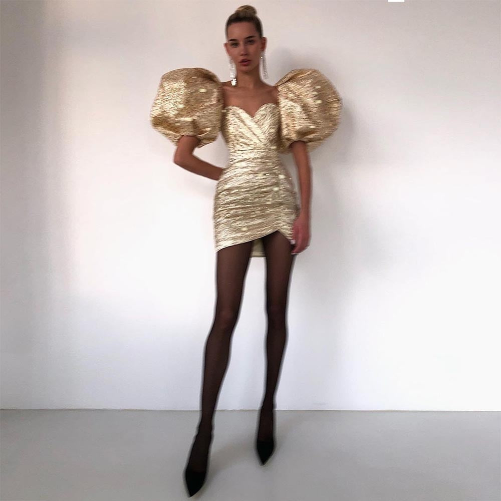 Cinessd  Sparkle Gold Short Puff Sleeves Mini Prom Dresses Sweetheart Elegant Evening Party Dress Cocktail Dresses For Women 2022