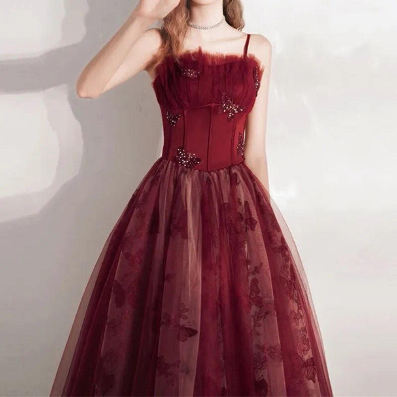 Cinessd - Luxury Butterfly Applique Evening Dresses Long Camisole Patchwork Gauze Dark Red Party Prom Gown New Slim Waist Vestido De Festa