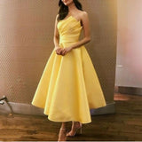 Cinessd  Elegant Yellow Short Off Shoulder Party Dresses 2024 A-Line Tea Length Pleated Satin Prom Evening Gowns With Pockets