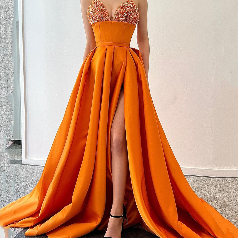 Cinessd Back to school outfit Orange Evening Dresses 2022 Spaghetti Strap V-Neck Sexy Formal Party Dress Pleat Side Split Sequin Satin Long Evening Gowns