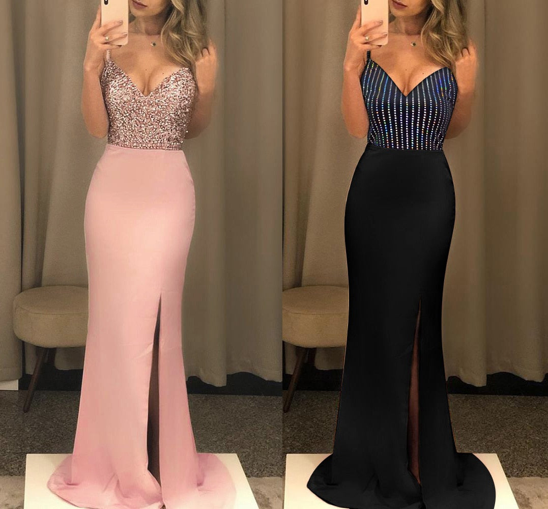 Cinessd  Vintage Sexy Fashion Sequins Women Dress Lace Backless Sleeveless Solid Color V-Neck Bandage Wedding Club Party Long Dresses