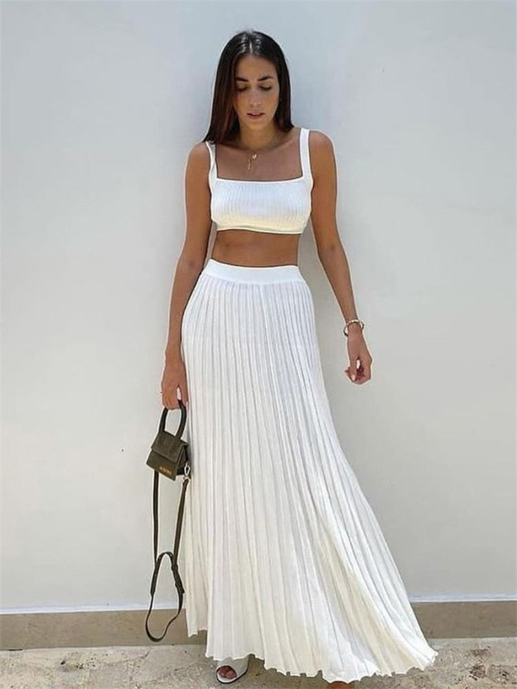 Cinessd   New White Knit Two Piece Women Sets Fall Ribbed Tank Top And Pleated Knitted Skirt Suits For Women Long Dress Sets Summer