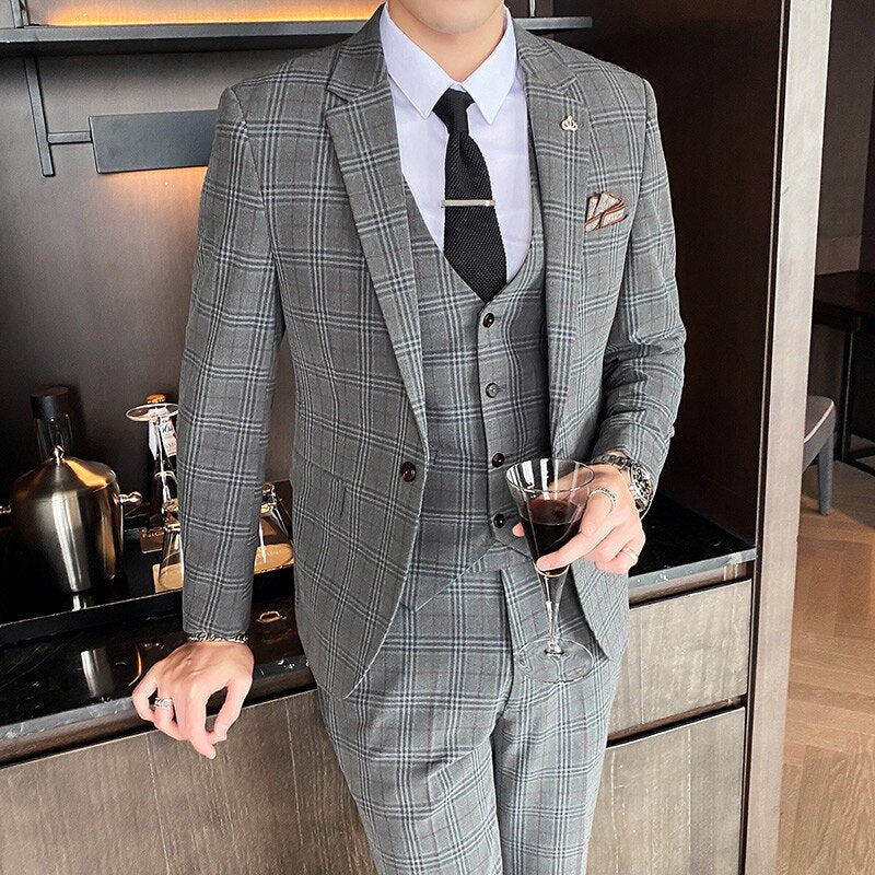 CINESSD       ( Blazer + Vest + Pants ) Mens Casual Classic Suits Plaid 3Pces Men Slim Dress Suits Dress For Groom Wedding Tuxedo Men clothing