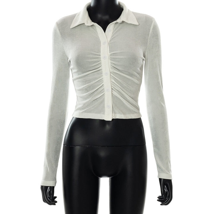 Cinessd 2023 Slim Ruched Ladies Sparkle Shirts Women Sexy Fashion Clothing Button Up Collar Glitter Shirt Long Sleeve Cropped Top