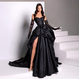 Cinessd Back to school outfit Black High Side Split Satin Mermaid Prom Dresses V-Neck Sleeveless Pleat Ruched Evening Dress Wedding Party Gown 2022