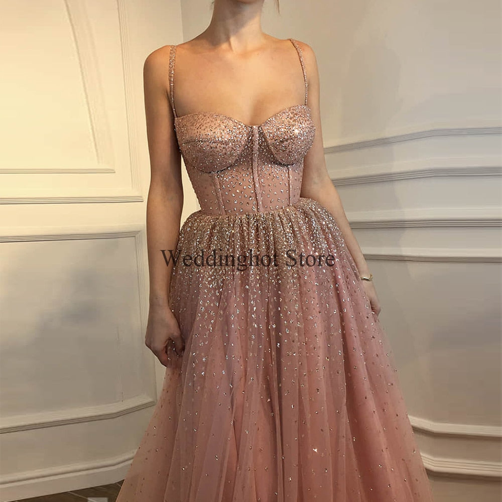 Pink Gold Sequines Evening Dress Long 2022 Spaghtti Strap A-Line Tulle Sweetheart Prom Gowns Custom Plus Size vestido de fiesta