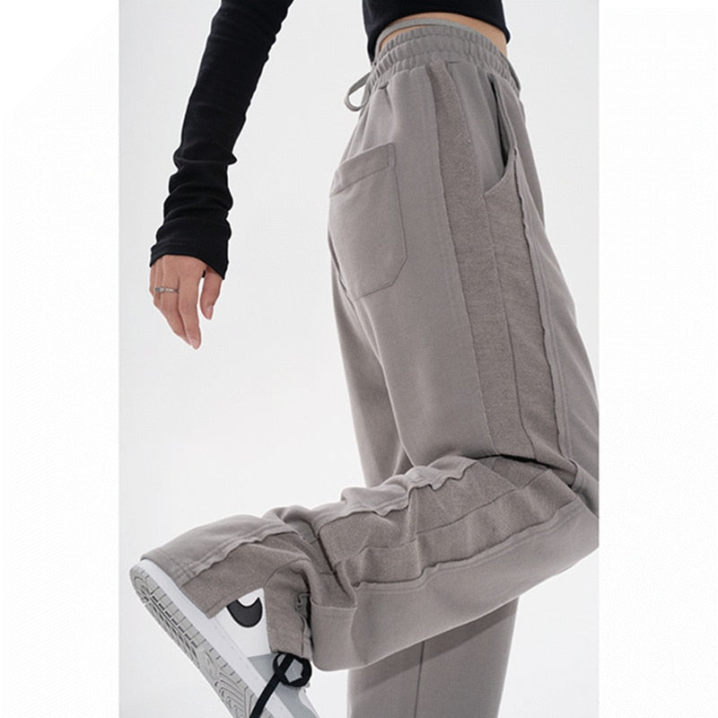 Cinessd  Women's Sports Pants High Waist Straight Baggy Slit Trouser Street Vintage Casual Summer Wide Leg Drawstring Design Sweat Pants