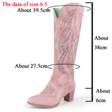Cinessd  New Brand Embroidery Mid Calf Boots Women Pink Cowboy Cowgirls Casual Western Boots Chunky Pointed Toe Shoes Woman