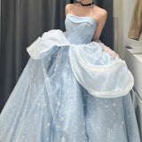 Cinessd  Temperament Blue Prom Dress Removable Shoulder Jacquard Dress France Vintage Sweet Princess Fairy Dress Evening Party Dress