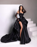 Cinessd Back to school outfit Black High Side Split Satin Mermaid Prom Dresses V-Neck Sleeveless Pleat Ruched Evening Dress Wedding Party Gown 2022