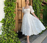 Cinessd  Elegant White Lace Appliques Prom Dresses Puff Sleeves Sweetheart Tea-Length A-Line Formal Evening Party Dress 2022
