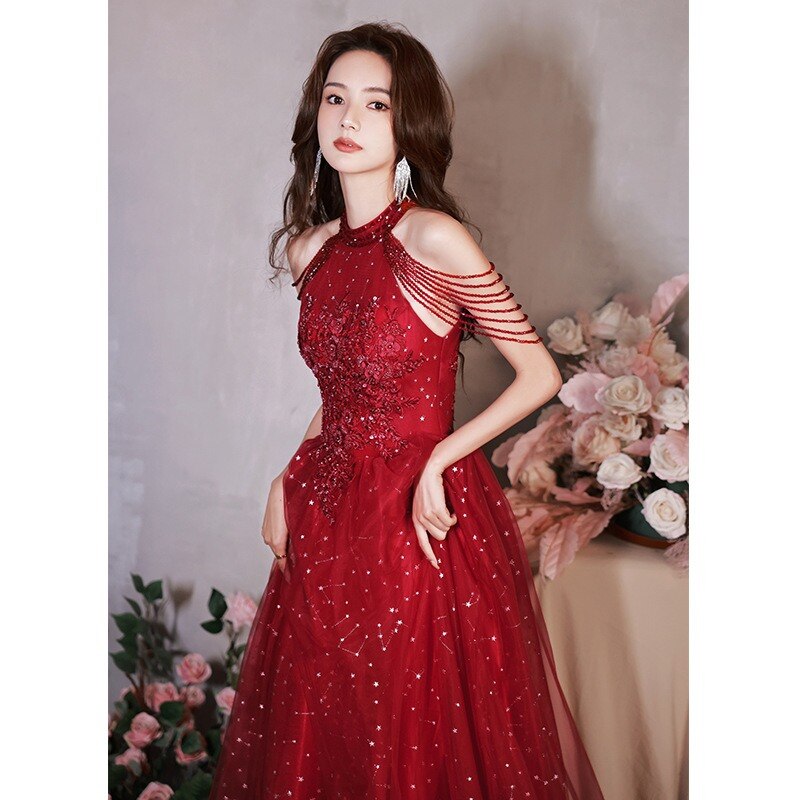 Cinessd  fashion inspo    Luxury Wine Sequined Tassel Sleeve Evening Dress Long Lady Pregnant Women Prom Evening Performance Banquet Party  Dress Gown
