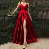 Cinessd    Camisole Satin Trailing Prom Dresses Red Slim Waist Party Prom Split Evening Dress Elegant Wedding V-neck Swing Gowns Dress