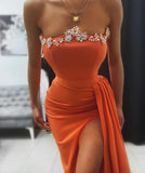 Cinessd  Orange High Side Split Satin Mermaid Evening Dresses Crystal Pearls Pleat Ruched Dubai Women Prom Gown Formal Party Dress
