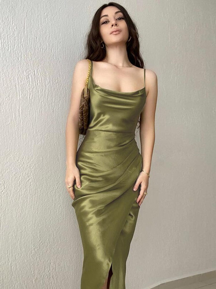 Cinessd Back to school outfit WJFZQM Sexy Split Satin Dress Strapless Spaghetti Strap Long Backless Dresses Party Casual Maxi Dress Women Gifts 2022 Summer