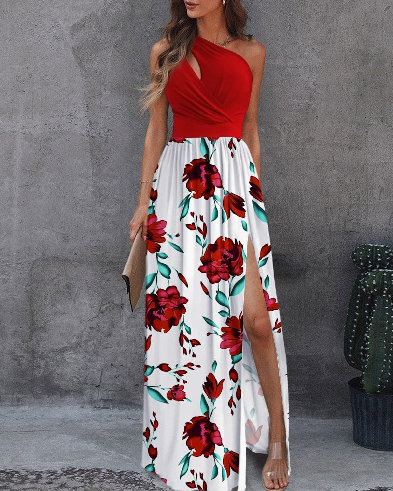 Cinessd Back to school outfit Summer Elegant One Shoulder Floral Print High Slit Cutout Maxi Party Dress Asymmetric Women Long Wedding Evening Sexy Robes Midi