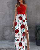 Cinessd Back to school outfit One Shoulder Floral Print Long Wedding Evening Dress High Slit Cutout Maxi Party Dress Asymmetric Women Summer Elegant Sexy Robe