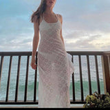 Cinessd Back To School Y2K White Flower Hollow Long Dress O Neck Slim Backless Sexy Retro See Through Beach Night Midi Dress Women French Holiday