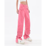 Cinessd  Women's Pink Cargo Jeans Pocket Straight Vintage Streetwear High Waist Casual Fashion Baggy Wide Leg Slit Denim Trouser Ladies